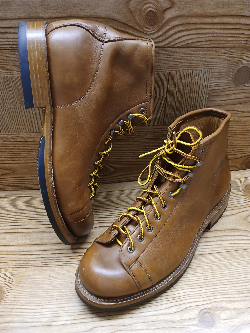Unmarked Goodyear Leather Welt Lace-Up Boots with Yellow Accents Size 12